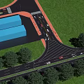Comprehensive Road Infrastructure Featuring Intersection Multiple Lanes Green Grass Trees And Blue Buildings 3d model