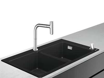 Modern Kitchen Double Bowl Black Kitchen Sink With Stainless Steel Faucet And Gray Countertop 3d model