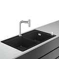 Modern Kitchen Double Bowl Black Kitchen Sink With Stainless Steel Faucet And Gray Countertop