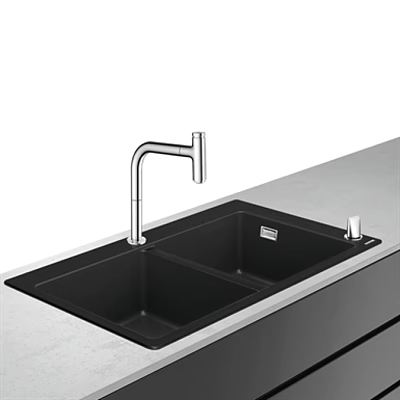 Modern Kitchen Double Bowl Black Kitchen Sink With Stainless Steel Faucet And Gray Countertop 3d model