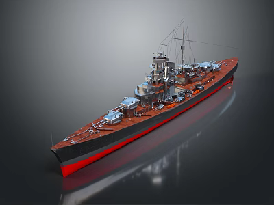 Highly Detailed Warship 3D Model With Turrets Deck Equipment and Red Bottom 3d model