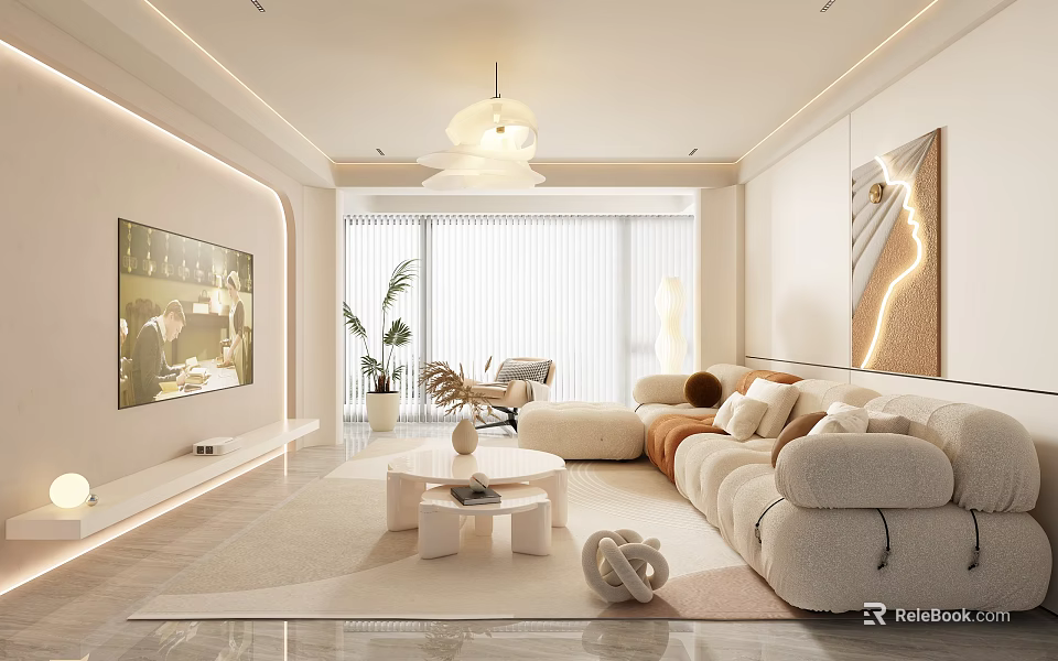 Modern Living Room Interior With Large Sofa Round Coffee Table And Floor To Ceiling Windows 3d model 