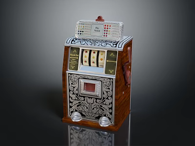 Vintage Commercial Slot Machine With Wooden Frame Decorative Patterns And Reels 3d model