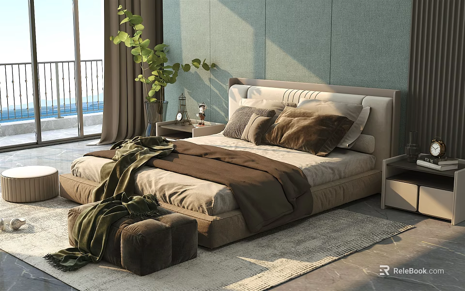 Background Double Bed with Floor to Ceiling Windows Green Plant Nightstand and Brown Bedding 3d model 