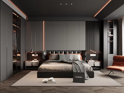 Modern Bedroom Interior Design With Leather Headboard Gray Bedding Nightstands And Orange Chair 3d model