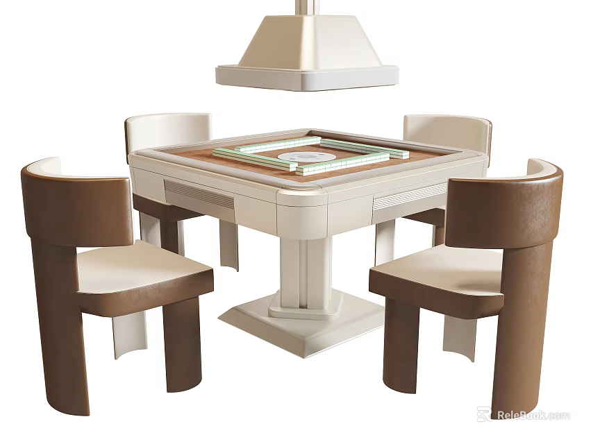 Mahjong Entertainment Table with White and Brown Chairs and Ceiling Lamp Above 3d model 
