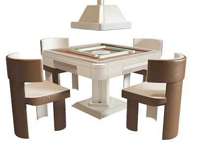 Mahjong Entertainment Table with White and Brown Chairs and Ceiling Lamp Above 3d model