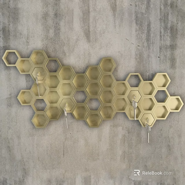 Golden Hexagonal Honeycomb Wall Decor Mounted On Gray Concrete Wall With Hooks 3d model 
