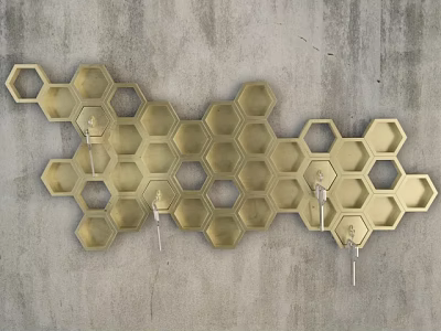Golden Hexagonal Honeycomb Wall Decor Mounted On Gray Concrete Wall With Hooks 3d model