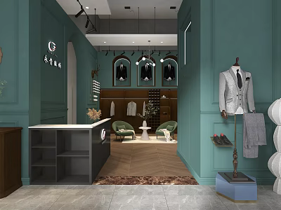 Clothing Store Interior With Teal Walls Reception Desk Hanging Clothes And Mannequin In Suit 3d model
