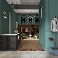 Clothing Store Interior With Teal Walls Reception Desk Hanging Clothes And Mannequin In Suit