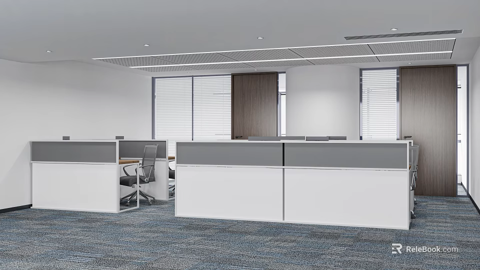 Modern Public Office Space With Cubicles Workstations Windows And Blinds 3d model 