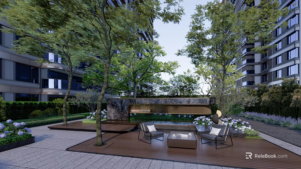 Elegant Landscape Wall Design With Trees Stone Seats And Water Feature In Courtyard 3d model 