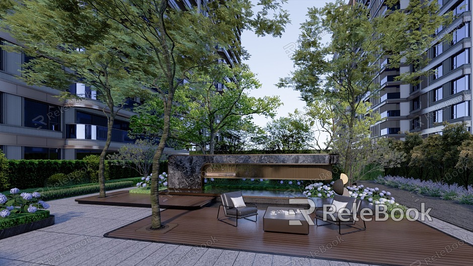 Modern Garden Landscape Residential Quarter House Landscape Water Landscape Wall Wooden Platform Forest Rest model