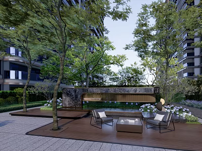 Elegant Landscape Wall Design With Trees Stone Seats And Water Feature In Courtyard 3d model