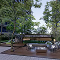 Elegant Landscape Wall Design With Trees Stone Seats And Water Feature In Courtyard