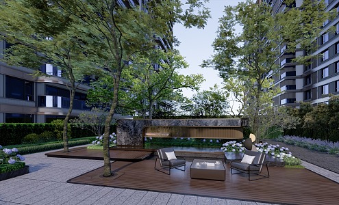 Modern Garden Landscape Residential Quarter House Landscape Water Landscape Wall Wooden Platform Forest Rest 3d model