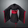 Traditional Black Japanese Kimono With Red Obi Belt And Red Cuffs Design