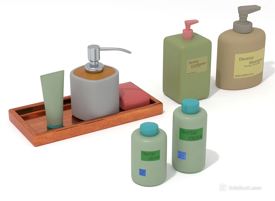 Bathroom Skincare Products With Dispensers Bottles Cream Tubes And Wooden Tray 3d model 
