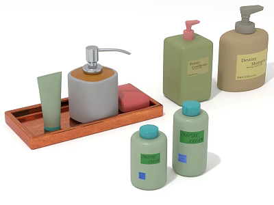 Bathroom Skincare Products With Dispensers Bottles Cream Tubes And Wooden Tray 3d model