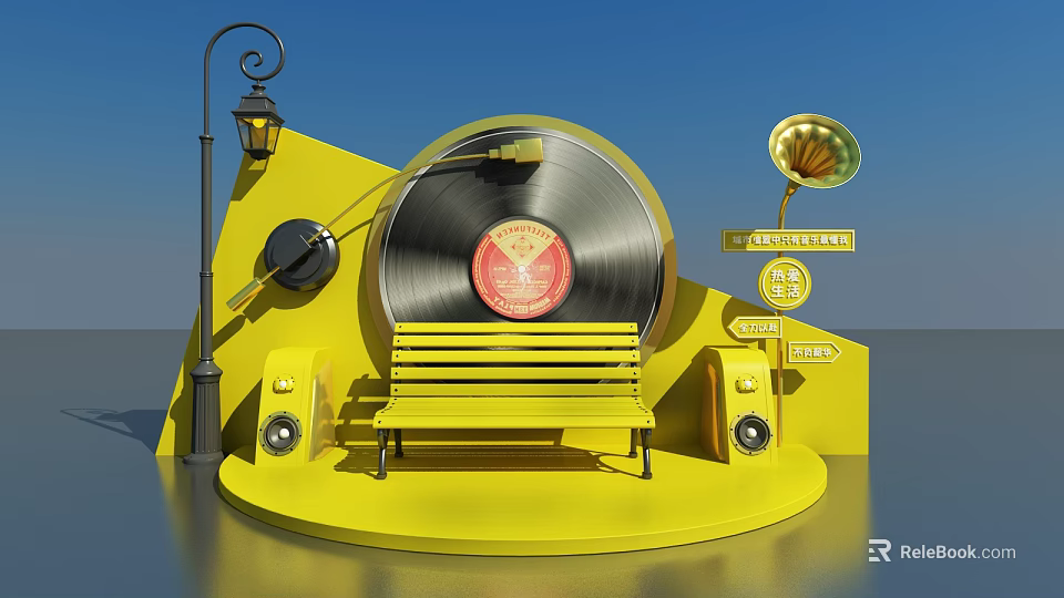Vibrant Yellow Music Display With Vinyl Record Bench Street Lamp Gramophone And Speakers 3d model 