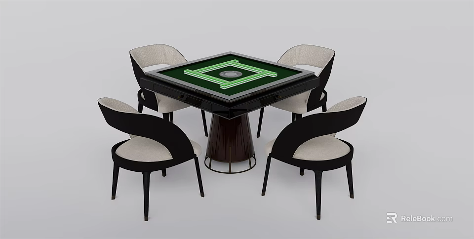 Square Green Entertainment Table With Central Square Area And Beige Cushioned Chairs 3d model 