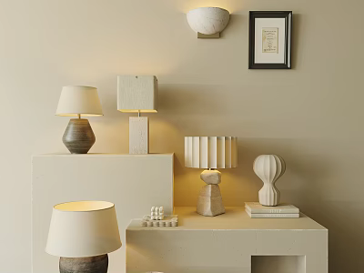 Modern Table Lamps On White Shelves In Beige Wall Setting With Decorative Accents And Books 3d model