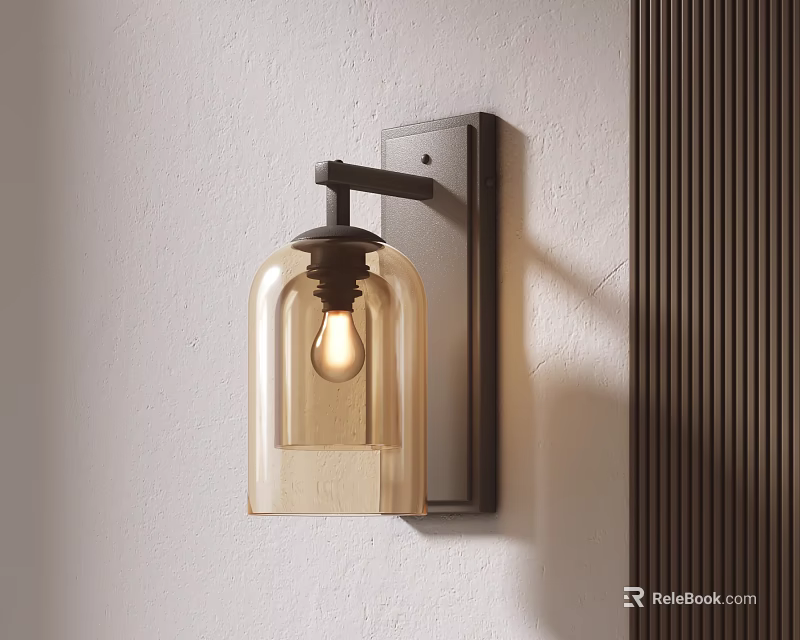 Modern Wall Sconce With Amber Glass Shade And Dark Metal Base On Light Wall 3d model 