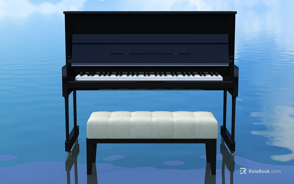 Black Upright Piano With Padded Bench On Shiny Water Surface And Blue Sky Background 3d model 