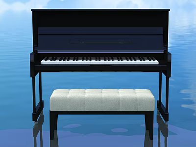 Black Upright Piano With Padded Bench On Shiny Water Surface And Blue Sky Background 3d model