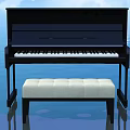 Black Upright Piano With Padded Bench On Shiny Water Surface And Blue Sky Background