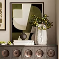 Black Lounge Chair With Beige Table Lamp White Flowers And Decorative Paintings Near Dark Cabinet