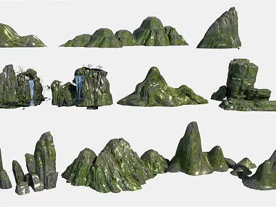Garden Decorative Rock Ornaments With Various Shapes And Green Mossy Surface Design 3d model