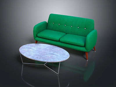 Green Tufted Sofa With Wooden Legs And Oval Marble Coffee Table With Metal Frame 3d model