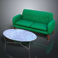 Green Tufted Sofa With Wooden Legs And Oval Marble Coffee Table With Metal Frame