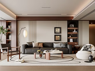 Modern Middle-ancient Style Living Room Sofa Coffee Table Combination Leather Sofa Background Wall Decorative Cabinet Non-main Light Living Room Floor Lamp Plant Potted Single-person Sofa 3d model