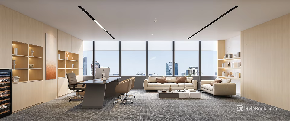 Open Modern Office Interior Featuring Floor to Ceiling Windows City View Desk Sofa Chair 3d model 