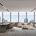 Open Modern Office Interior Featuring Floor to Ceiling Windows City View Desk Sofa Chair