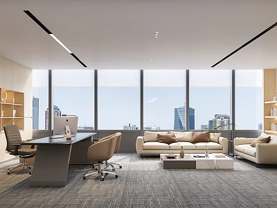 Open Modern Office Interior Featuring Floor to Ceiling Windows City View Desk Sofa Chair 3d model