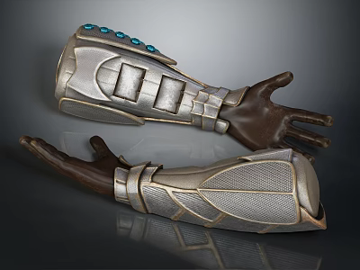 Decorative Silver Leather Gauntlets With Blue Gemstones And Intricate Geometric Patterns 3d model