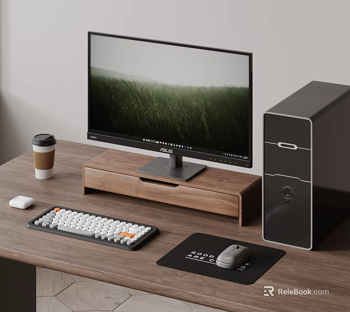 Modern Desktop Computer Setup With Monitor Keyboard Mouse And Wooden Stand 3d model 