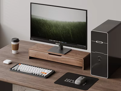 Modern Desktop Computer Setup With Monitor Keyboard Mouse And Wooden Stand 3d model