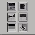 Photo Wall With Black And White Frames Displaying Geometric Patterns On White Wall 3d model