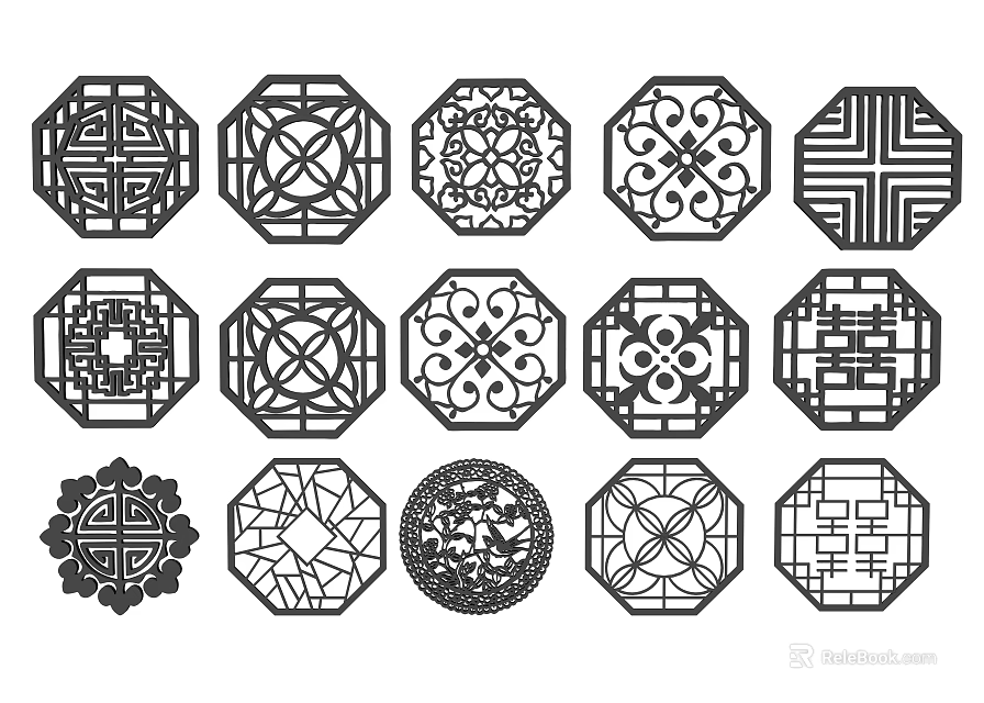 Traditional Chinese Lattice Windows With Various Intricate Patterns And Classic Designs 3d model 