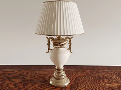 Elegant Table Lamp With White Pleated Lampshade And Gold Accents On Wooden Table 3d model