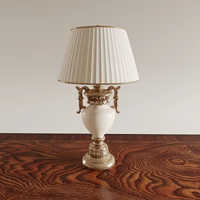 Elegant Table Lamp With White Pleated Lampshade And Gold Accents On Wooden Table 3d model