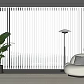 Modern Living Room Interior Featuring White Vertical Curtains White Armchair Floor Lamp And Green Plant