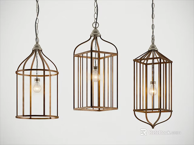 Three Stylish Pendant Lights Featuring Cage Shaped Metal Frames And Exposed Bulbs 3d model 