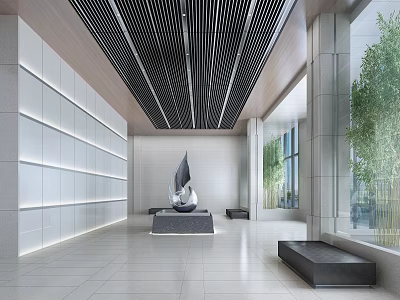 Modern Front Desk Reception Area With Linear Ceiling Paneled Walls And Sculpture 3d model