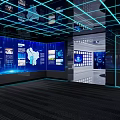 Digital Exhibition Hall Interior With Blue LED Screens Wireframe Structures And Display Podium 3d model